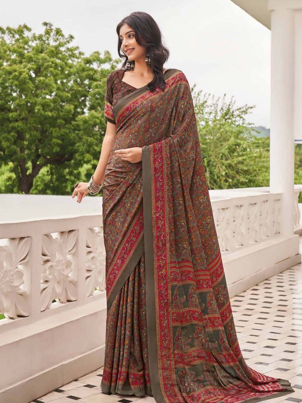 Chocolate Brown Crepe Silk Digital Print Saree